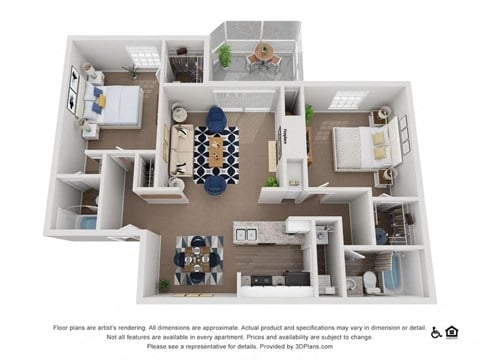 Floor plan for 2 beds, 2 baths, 1050 sqft